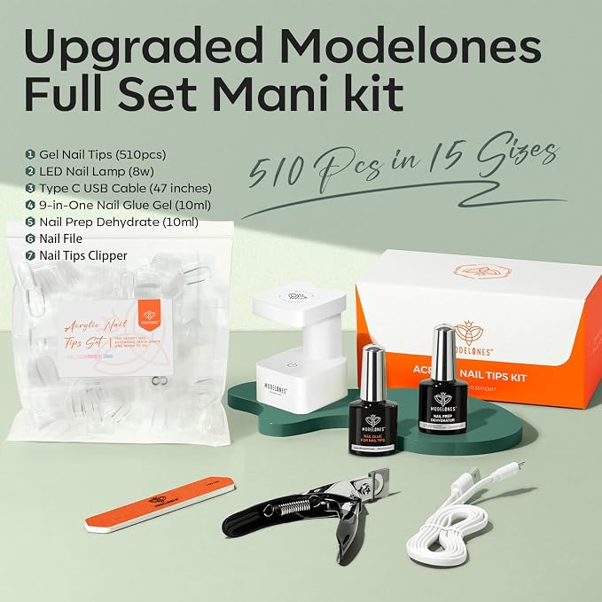 modelones X Nail Gel Kit, Fake Nails Long Coffin, 9-in-One Glue Prep Dehydrator & Portable Mini U V Light Acrylic Clipper, 500Pcs Coffin Tips for Extension Kit DIY Salon Home Gifts for Women | 500Pcs Fake Nails Long Coffin Coffin Tips for Extension Kit...