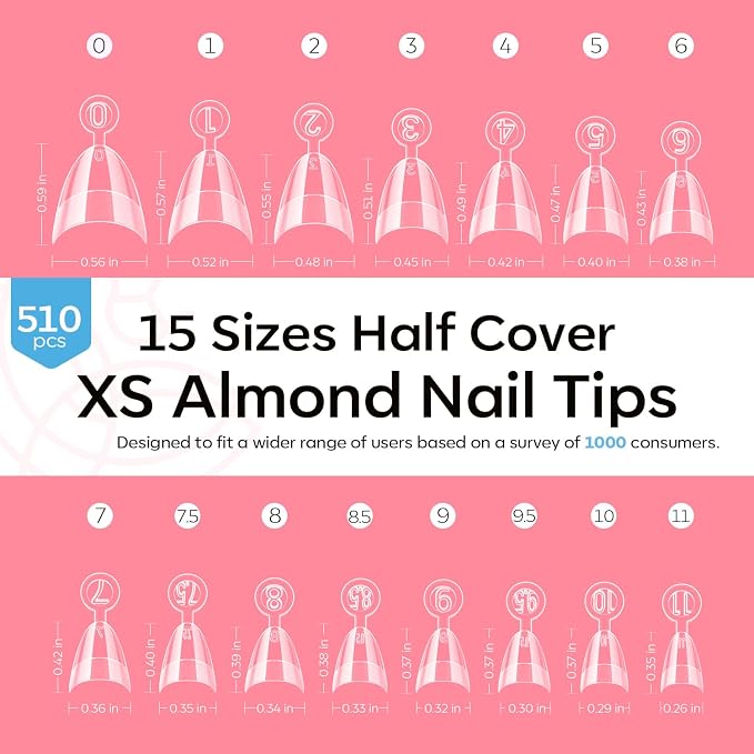 Modelones Short Almond Nail Tips 510pcs Half Cover Pre-etched Soft Press On | Clear Acrylic Gel Kit False Extra Short Press on Nails Extension DIY Salon 15Sizes