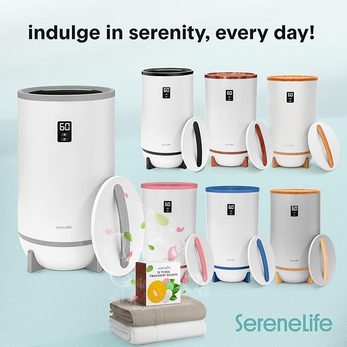 SereneLife Towel Warmer & Blanket Warmer, Single Touch Hot Towel Warmer with LED Ring, Timer, Auto Shut Off, 21.5" Bathroom Towel Warmer with 20L Capacity Fits 2 Towels, Includes 2 Fragrance Discs