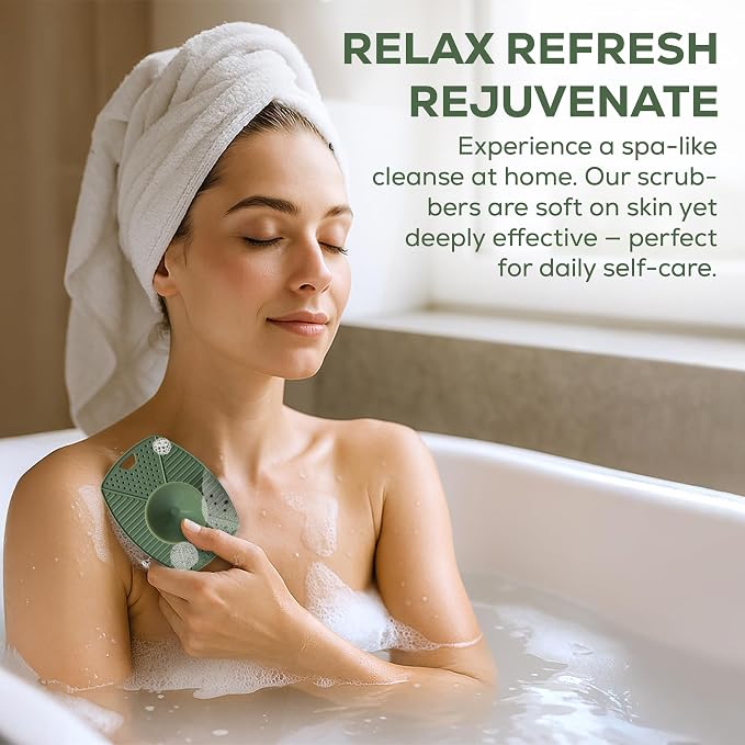 Silicone Body Scrubber — Suction Cup Mount & Hook, Gentle Exfoliating Shower Brush, Soft Loofah Alternative for Men, Women & All Skin Types — Sage Green