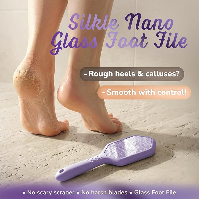 SILKLE Nano Glass Foot File - Foot Callus Remover for Feet & Foot Scrubber | Silicone Grip for Non-Slip Control - Foot Scrubber for Dead Skin, Heel Scraper for Cracked Heels & Foot Exfoliator - Purple