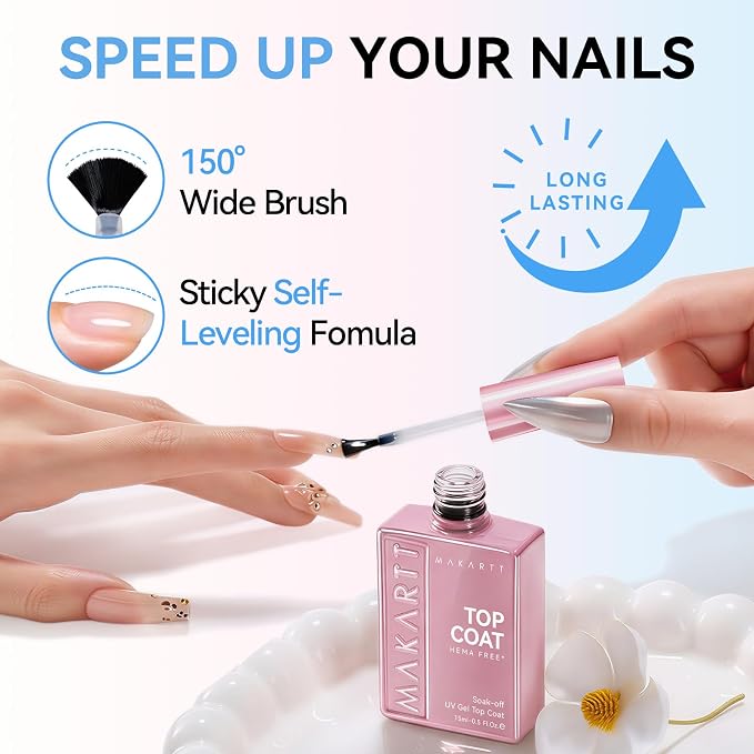 Makartt Hema-Free Gel Top Coat 15ml Upgraded Mild Formula | TPO-Free, Long-Lasting, High Glossy, Clear, Soak-Off UV LED Lamp Needed, No More Damaged Nails, for Home DIY Gift Salon