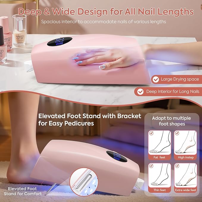UV LED Nail Lamp, Cordless 72W UV Light for Gel Nails with 45 Beads | Professional Fast Curing Nail Dryer, 4 Timers, Smart Sensor, Retractable Foot Stand, Portable Handle for Salon & Home (Pink)