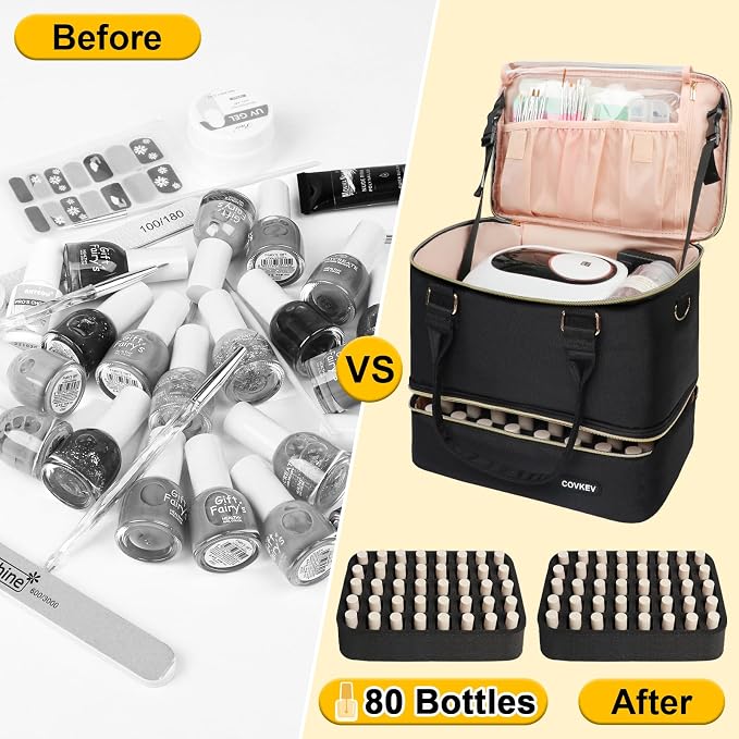 Covkev Nail Polish Organizer Hold 80 Bottles (15ml/0.5 fl.oz)& Nail Lamp, Double Layer Nail Bag Organizer Case with Handle, Large Nail Supplies& Kit Storage Case for Women Travel (Black& Golden)