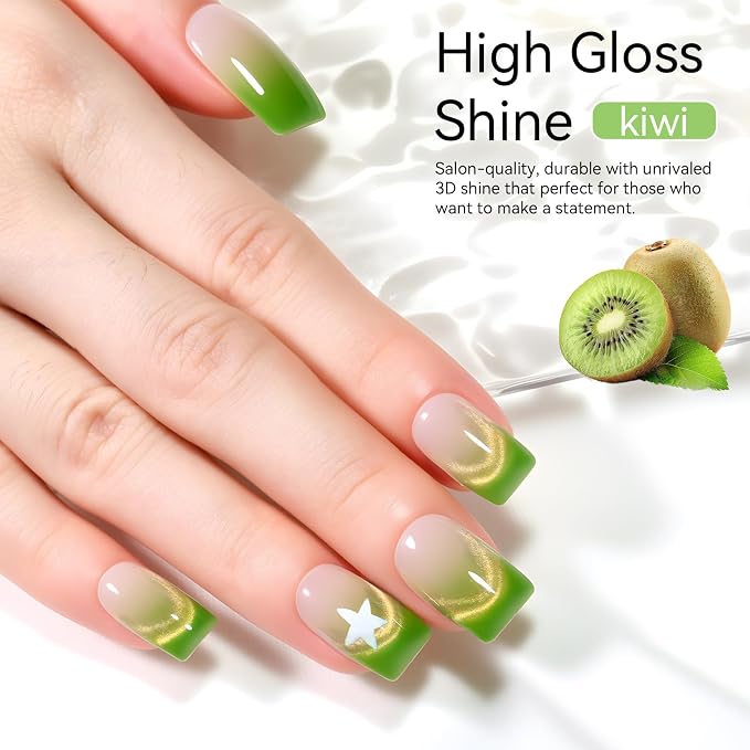 Makartt Cat Eye Gel Nail Polish - 10ml Premium Holographic Magnetic Gel with Magnet Stick, Shimmery Galaxy Effect, Long-Lasting Soak Off UV for Salon & Home DIY - Kiwi Green