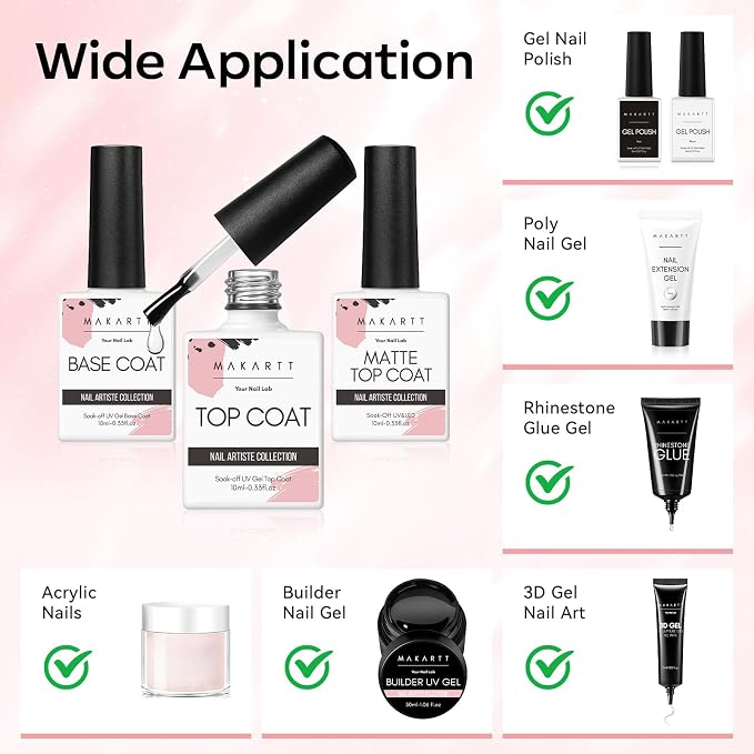 Makartt No Wipe Gel Top and Base Coat Set, Matte & Glossy Finish, 3Pcs | Long-Lasting, No Yellowing, Soak-Off UV/LED Lamp Required, DIY Nail Art Gift Home Salon, 10ml x3