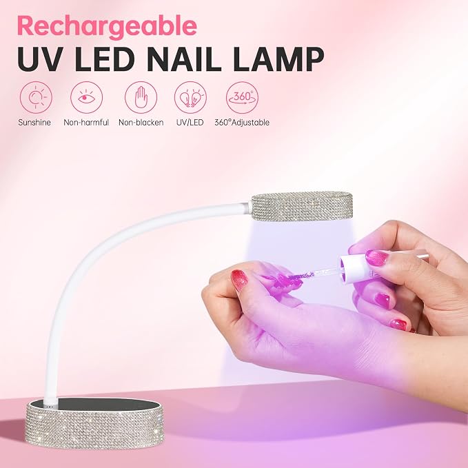 Flash Cure Nail Lamp, UV Nail Lamp for Gel Nail, Cordless, LCD, Auto Sensor | 36W | Type-C | 1500mAh | Rhinestone | Mini Size | Gooseneck | Easy to Carry | DIY Manicure | White Diamond