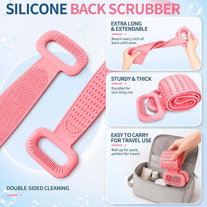 Manmihealth Silicone Back Scrubber for Shower & African Net Sponge Set | 36'' Dual-Sided Back Washer & African Long Bath Sponge, Extendable Long Silicone Body Brush (Pink+Pink)