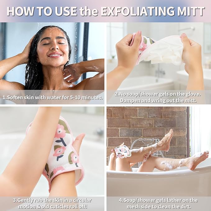 Deep Exfoliating Glove for Shower 2PCS: 1 Double-Sided Mitt, 1 Extra Long Exfoliating Washcloth - Extreme Body & Back Scrubber for Shower, Massage Scrub Exfoliator & Bath Loofah Sponge (Pink)