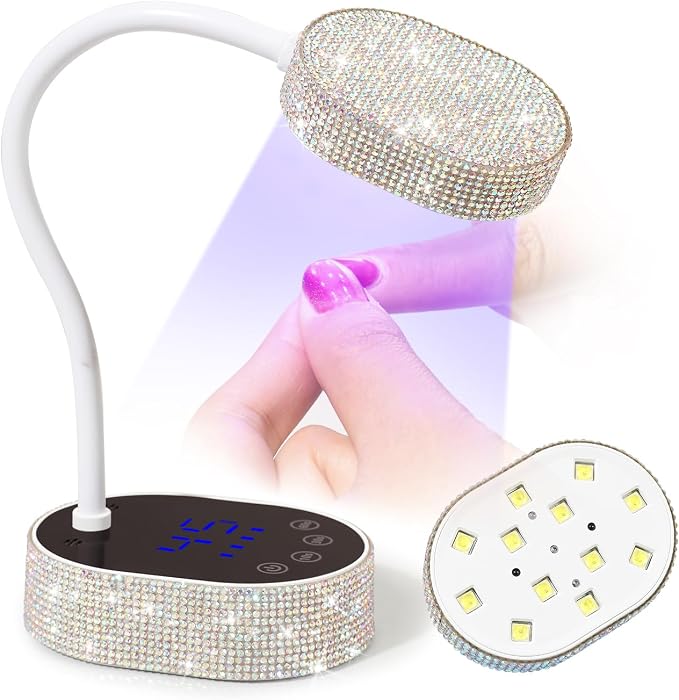 Flash Cure Nail Lamp, UV Nail Lamp for Gel Nail, Cordless, LCD, Auto Sensor | 36W | Type-C | 1500mAh | Rhinestone | Mini Size | Gooseneck | Easy to Carry | DIY Manicure | AB Diamond