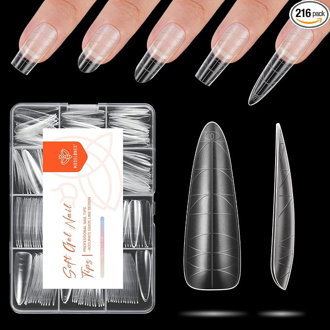 modelones Long Almond Guiding Line Nail Tips, Stiletto Soft Gel Tips Fake Nails False Acrylic Extensions Seamless Accurate Positioning Scale Line, Full Matte Professional Nail Salon 216PCS 12Sizes