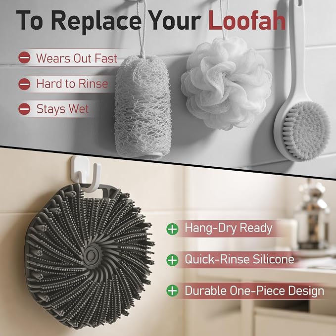 Back Scrubber for Shower for Men 2 Pack, Silicone Body Scrubber with Long Handle, Detachable Body Wash Scrubber Shower Scrub Brush -Lathering Bristles Deep Clean Exfoliator Women Mens Black+Grey