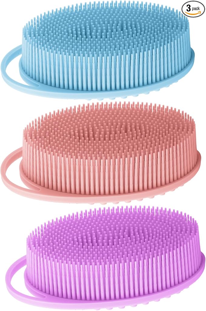 Silicone Body Scrubber 3 Pack Silicone Loofah Exfoliating Body Scrubber Soft Silicone Shower Brush with Handle Double Sided Bath Body Brush for Women Men Cleaning Massage Sensitive Skin, Lather Well