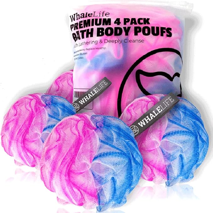 Loofah Sponge Bath Sponge for Women Men 4 Pack (Blue Pink Conbine) | 10X Suds Save Body Wash Double Knotted Anti Tear Core Fast Dry Cotton Loop Stay Fresh Large Mesh for Sensitive Skin