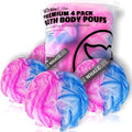 Loofah Sponge Bath Sponge for Women Men 4 Pack (Blue Pink Conbine) | 10X Suds Save Body Wash Double Knotted Anti Tear Core Fast Dry Cotton Loop Stay Fresh Large Mesh for Sensitive Skin