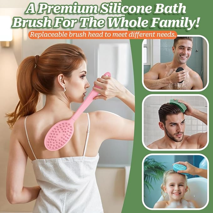 Silicone Face & Back Scrubber Set, Manual Face & Body Scrubber Exfoliator with Soft Bristles and Non-Slip Handle, Back Brush Bath Brush with 2 Detachable Brush Heads(3PCS Pink Set)