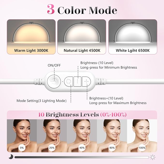 Yokilly Half Moon Light for Nail Desk: 23" Foldable Nail Light for Desk | AB Diamonds Arch Nail Tech Light with Phone Holder for Beginner - 3 Color Modes & 10 Brightness for Manicure Salon-White
