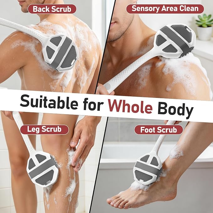 Back Scrubber for Shower 2 Pack, Silicone Scrub Brush with Long Handle & Unique Soft Body Scrubber, Detachable Body Brush Shower Lather Well Deep Clean Exfoliating for Women Men Sensitive Skin Gy&Pk