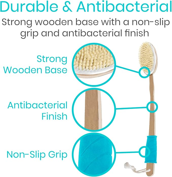 Vive Back Scrubber for Shower – Long Handle Dry Brushing Body Brush | Soft & Stiff Bristles – Exfoliating Shower Loofah & Bath Scrubber Cleaner for Women, Men, Elderly – Antiskid Grip