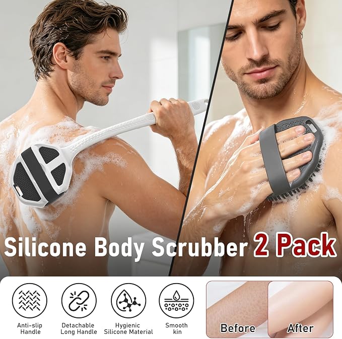 Back Scrubber for Shower for Men 2 Pack, Silicone Body Scrubber with Long Handle, Detachable Body Wash Scrubber Shower Scrub Brush -Lathering Bristles Deep Clean Exfoliator Women Mens Black+Grey