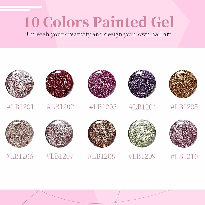 JODSONE Nail Art Gel Liner Set 10 Colors Glitter Purple Gold Green Gel Nail Polish Need U V Lamp Cured with Thin Brush at Home Salon Design,Gifts for Women