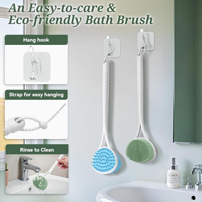 Silicone Back Scrubber & Bath Glove Set, 15.35’’ Soft Back Scrubber with Dual-Side Brush Head, 360° Anti-Slip & Enlarged Exfoliating Body Scrubber for Rich Foaming Deep Cleaning(Green)
