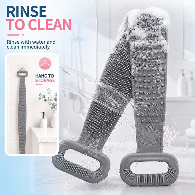 Manmihealth 36'' Extendable Silicone Back Scrubber for Shower Gray+Pink | Back Washer with Long Strap Handle, Dual-Sided Silicone Body Brush for Men and Women