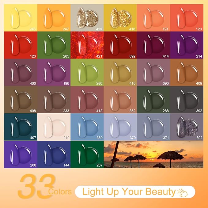 EODCI Gel Nail Polish with Lamp, 33 Colors Gel Nail Kit Fall Orange Red Purple Nail Polish Set 168W UV Lamp, No Wipe Base Top Coat & Manicure Tools Starter Kit DIY Home Salon Gifts