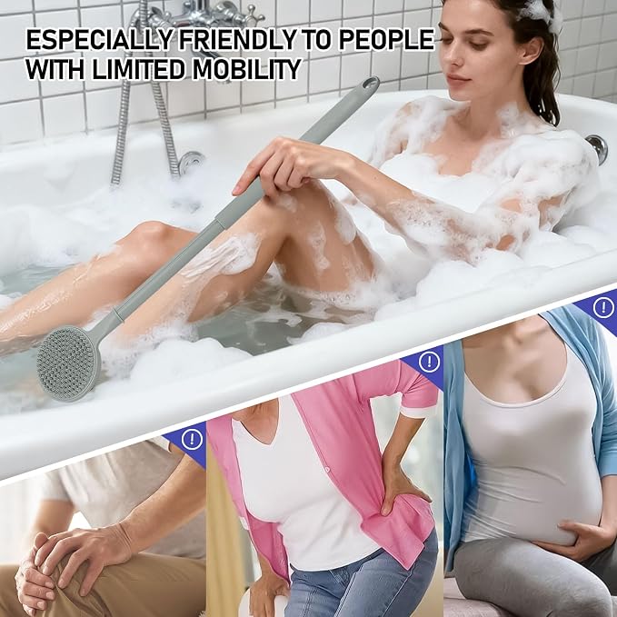 Back Scrubber for Shower, (16-24 Inch) Extendable Bath Brush Long Handle for Shower, Silicone Body Scrubber with Handle, Back Brush for Shower Men and Women,Easy to Clean (Gray)