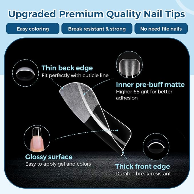 TOMICCA Medium Square Nail Tips, 240pcs 15 Sizes, Soft Gel Tips | Half Matte Pre-Shaped Full Cover Clear Fake Nails, Acrylic Press on Nails for Extension, Beginners and Professional Salon