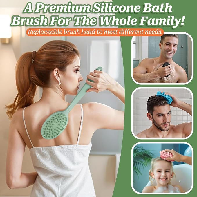 Silicone Face & Back Scrubber Set, Manual Face & Body Scrubber Exfoliator with Soft Bristles and Non-Slip Handle, Back Brush Bath Brush with Detachable Brush Head(2PCS Green Set)