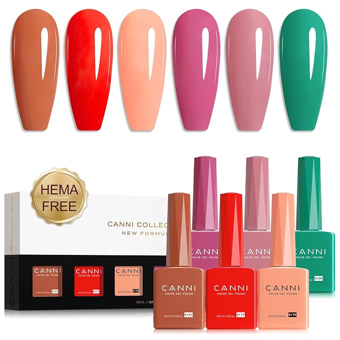 CANNI 9ML Gel Nail Polish Set, 6 Vibrant Shades UV LED Soak Off Gel Polish | Smooth Application • Highly Pigmented • Glossy Finish • Long-Lasting Wear • Nail Art • Salon DIY Manicure • Easy Application