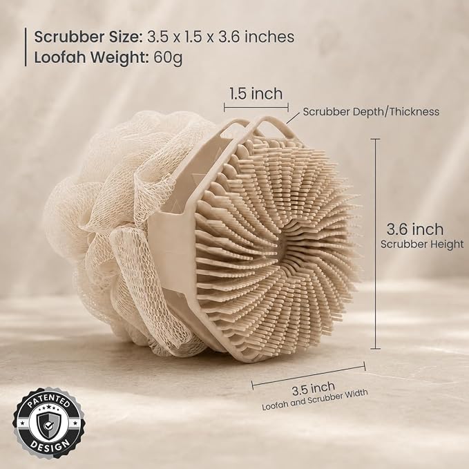 2-in-1 Silicone Body Scrubber & Mesh Loofah Sponge – Exfoliating Silicone Shower Scrubber with Soft Loofa Puff, Silicone Bristles, Non-Slip Grip, Quick Dry, Hygienic Body Scrubber for Women & Men