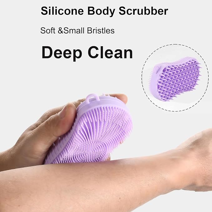 Silicone Body Scrubber, Double Sided Exfoliating Brush with Soft Flexible Bristles, Scalp Massage and Shampoo Tool with Hanger Loop (Lavender)
