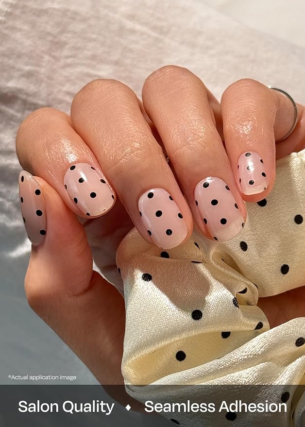 ohora Semi Cured Gel Nail Strips (N Polka Noir) - Works with Any Lamps, Salon-Quality, Long Lasting, Easy to Apply & Remove - Includes 2 Prep Pads, Nail File & Wooden Stick