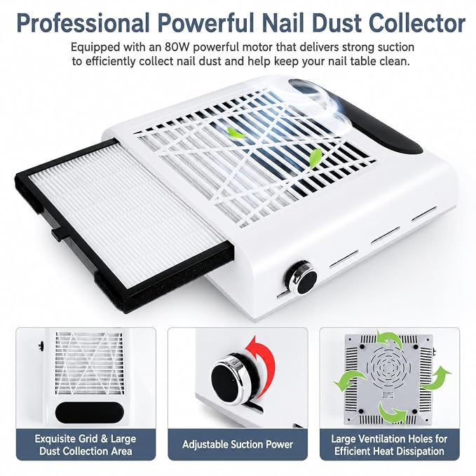 Biutee Nail Dust Collector 80W Adjustable Power Suction Nails Dust Vacuum | Nail Dust Cleaner with 2 Reusable Filter Nail Vacuum Cleaner Fan for Acrylic Nails Manicure Salon Home Use
