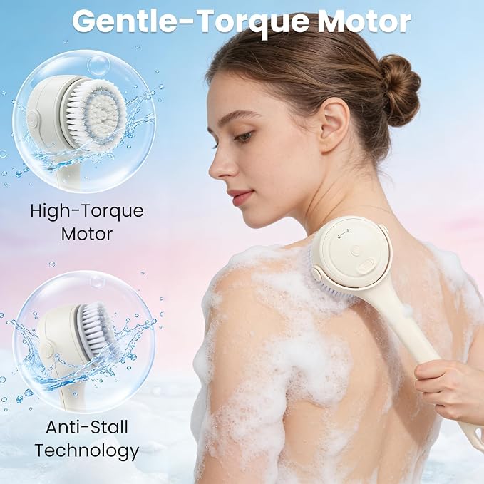 Electric Body Brush with 4 Replacement Heads & Auto-Lock & Long Handle | 3-Speed Rechargeable Back Scrubber for Shower, Exfoliating & Deep Cleaning & Skin Massaging