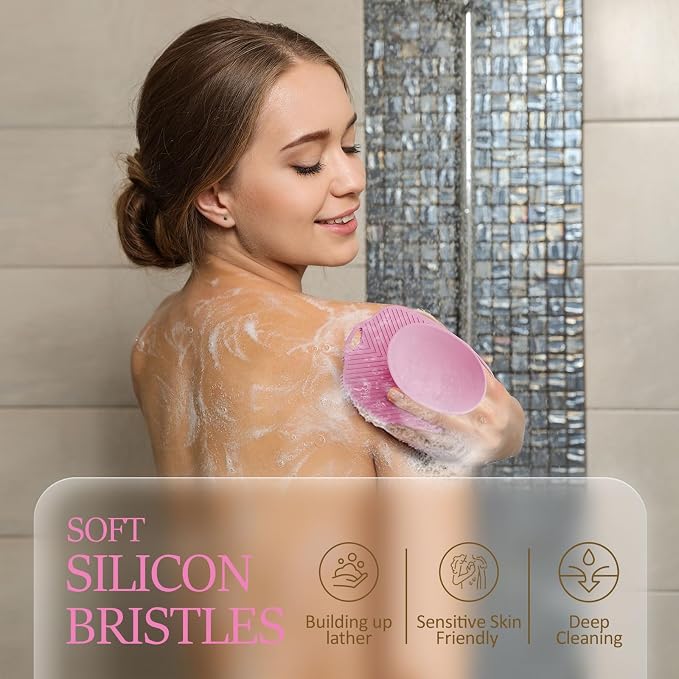 Soft Silicone Body Scrubber, Gentle Like a Hand Exfoliating Your Skin and Build Up Lather Easily, Back Large Suction Cup Easy to Store, Long-Lasting & Deep Clean (Pink)