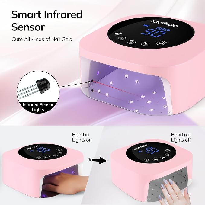 Lavinda 54W Cordless UV LED Nail Lamp for Gel Nails, Matte Macaron Pink | 36 dual-wavelength LEDs, 4 timer settings, auto sensor, LCD touch controls, Removable magnetic base