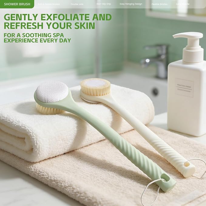Back Scrubber for Shower with Long Handle, Dual-Sided Bath Brush with Soft Bristles & 150D Exfoliating Cloth, Anti-Slip Grip, Lightweight Back Washer for Shower, Men & Women (Green)