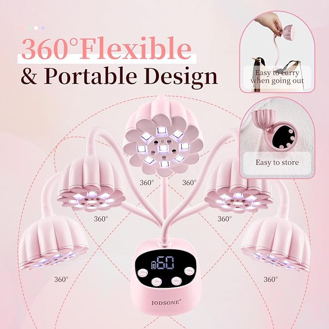 JODSONE Fast Curing U V Nail Lamp - Portable and Flexible Gooseneck Lamp with 360° Adjustable Design, Rechargeable LED Dryer for Gel Polish, Auto Sensor & 4 Timers, Home DIY Manicure Light Rose Pink
