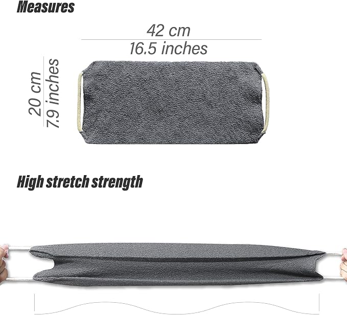 Inmorven Exfoliating Back Scrubber with Handles, Nylon Back Exfoliator, Two Sides Stretchable Pull Strap Shower Deep Cleans Skin Massages Invigorating Blood Circulation for Women Men Body (Dark Gray)