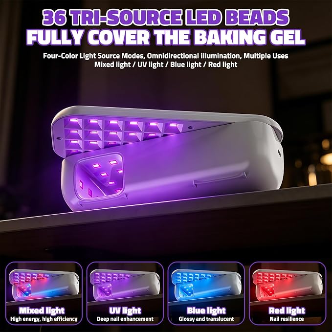 Compact Cordless UV Nail Lamp, 2‑in‑1 Gel Dryer & Nail Care Light with 4 Light Modes, Rotatable Panel & UV Protection Design, Portable LED Nail Light with 4 Modes ＆ Timer for Salon and Home