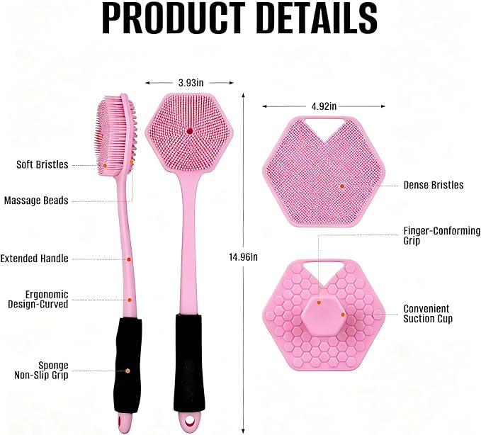 14" Silicone Back Scrubber for Shower, Long Handle Body Brush | Soft Bristles Exfoliate&Massage Skin. Non-Slip Grip, Reach Full Back Easily. Ideal for Men&Women, Bath Use. Pink.