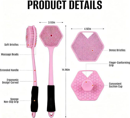 14" Silicone Back Scrubber for Shower, Long Handle Body Brush | Soft Bristles Exfoliate&Massage Skin. Non-Slip Grip, Reach Full Back Easily. Ideal for Men&Women, Bath Use. Pink.