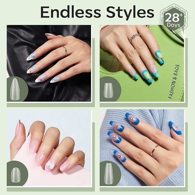 Modelones Long Coffin Guiding Line Nail Tips Soft Gel Fake Nails False Full | Acrylic Clear Full Cover Press on Extension Kit Gel Manicure DIY at Home 216PCS 12Sizes