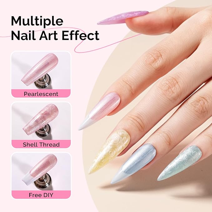 MelodySusie Pearl Gel Nail Polish Set, 6 Colors Pastel Macaron White Green Pink Purple Blue Yellow Iridescent Drawing Glitter Gel Polish Soak Off Swirl Shell Thread Effect Nail Art Gifts for Women