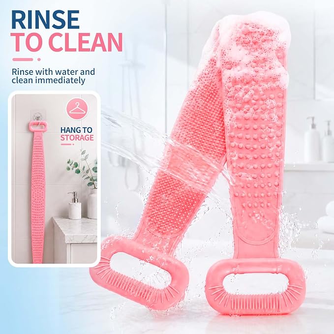 Manmihealth 36'' Extendable Silicone Back Scrubber for Shower Pink | Back Washer with Long Strap Handle, Dual-Sided Silicone Body Brush for Men and Women
