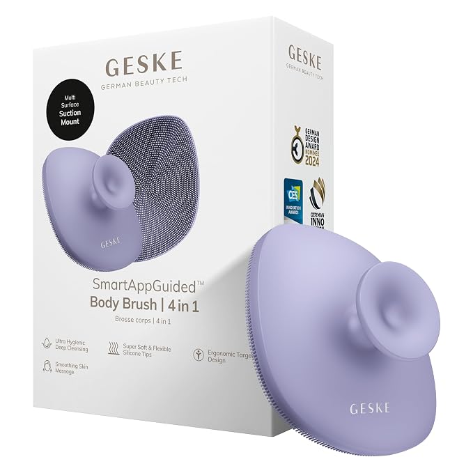 GESKE Body Brush | 4 in 1 | Cleansing Brush for the Entire Body | Professional Deep Cleaning | Soft Silicone Bristles | Ergonomic Two-Finger Design | Cleanses & Massages
