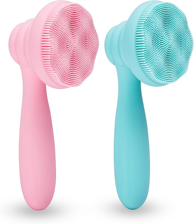 MtBoi 2 PC Silicone Facial Cleansing Brush Facial Scrubber Manual Exfoliating Facial Brush Face Cleanser Face Exfoliator Ultrafine Bristles for Sensitive Skin Easy to Clean Lather Well (Pink&Green)